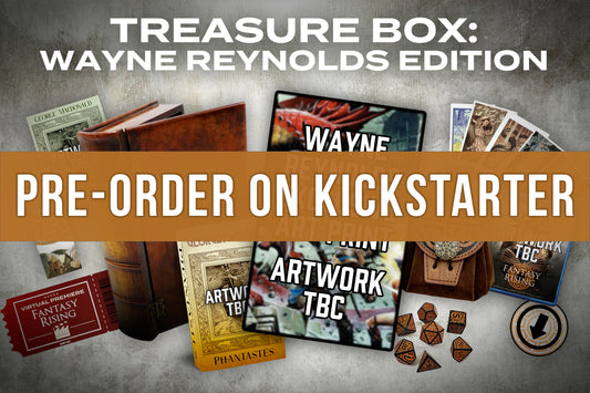 Promotional graphic for a 'Treasure Box: Wayne Reynolds Edition' pre-order on Kickstarter, featuring game components and text.